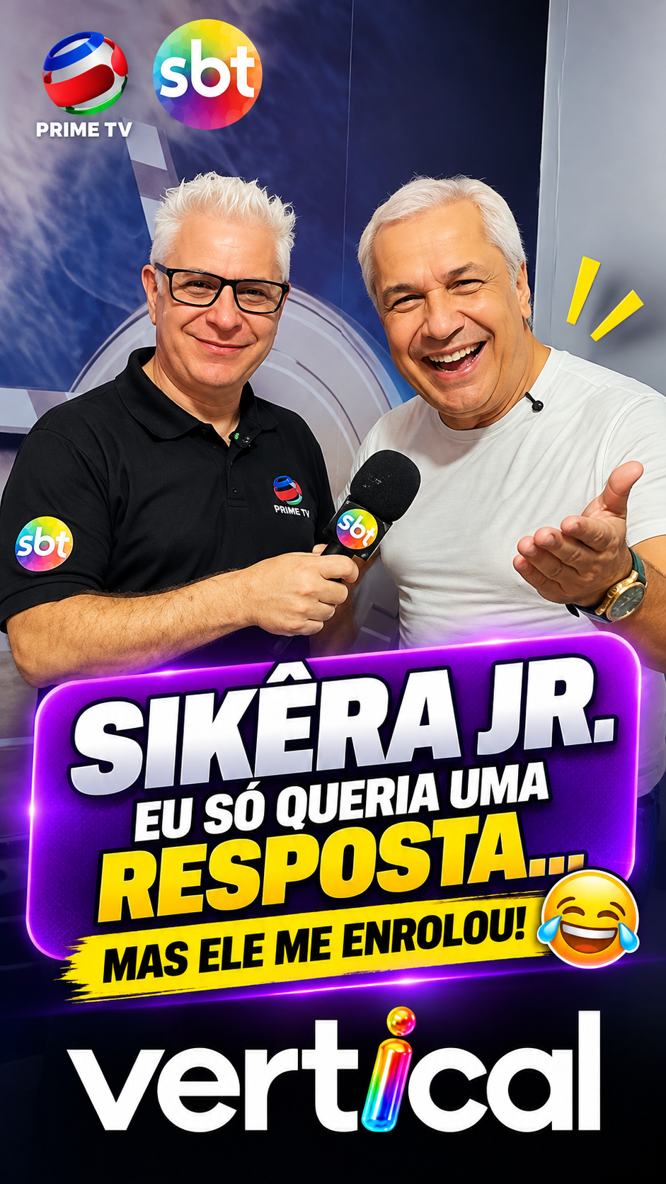 Sikêra Jr. ao lado do entrevistador em momento descontraído, com a chamada “Eu só queria uma resposta, mas ele me enrolou”.